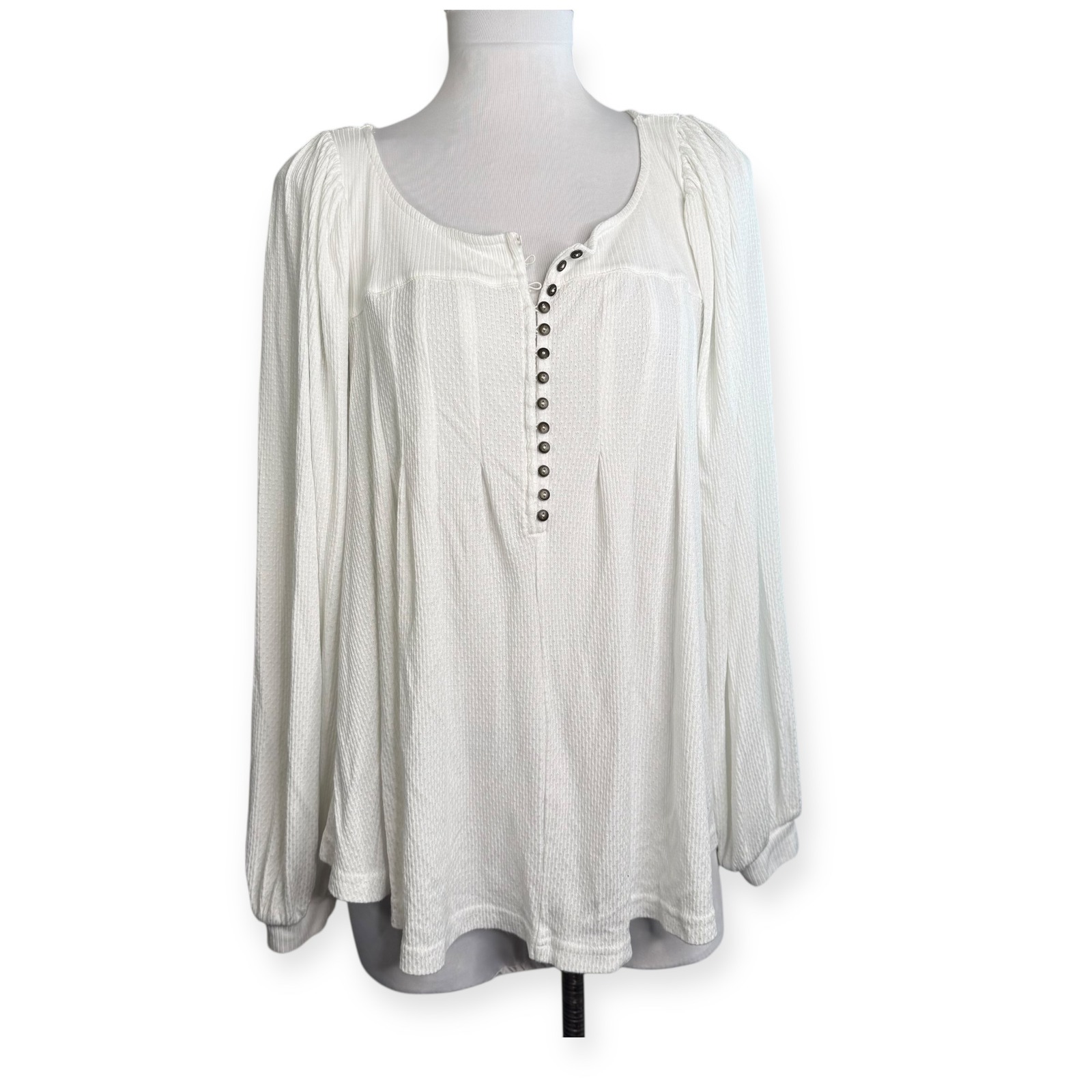 Free People Devin Ribbed Knit Pleated Henley White Button Front Top Medium